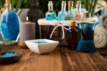 Spa accessories on wooden paneling. Spa treatments.