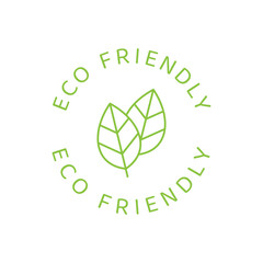 Fototapeta premium Eco friendly label with leaf. Circle ecological vector emblem.