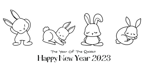 Chinese New Year 2023, the year of the rabbit, red and gold line art characters, simple hand-drawn Asian elements with craft (Chinese translation: Happy Chinese New Year 2023, year of the rabbit).