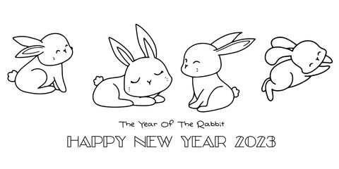 Chinese New Year 2023, the year of the rabbit, red and gold line art characters, simple hand-drawn Asian elements with craft (Chinese translation: Happy Chinese New Year 2023, year of the rabbit).