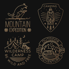 Set of Hiking, mountain expedition badge. Camping quote. Vector illustration. Concept for shirt or logo, print, stamp or tee. Vintage line art design with wild wolf, tent,lantern, mountaineers and