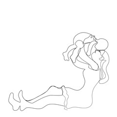 A Continue line of Mum Happy Mother and son playing together.Young Mum holding her cute baby in her arms.Smiling mum hug son on white backgrounds.Vector isolate flat design of Happy Mother's Day
