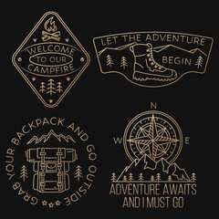 Let the adventure begin. Sammer camp line art badge. Vector illustration. Vintage line art design with hiking boots, backpack, compass, mountains, sky and forest.