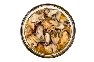 Marinated mussels isolated in a jar on a white background. Full depth of field.