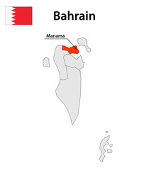 Map with city boundaries and the flag of Bahrain.