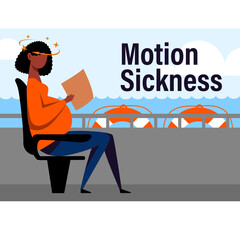 A vector image of a black pregnant woman in the ship with motion sickness and dizziness. A color image for a travel poster, flyer or article. - obrazy, fototapety, plakaty