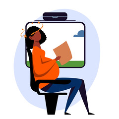 A vector image of a black pregnant woman in the transport with motion sickness and dizziness. A color image for a travel poster, flyer or article. - obrazy, fototapety, plakaty