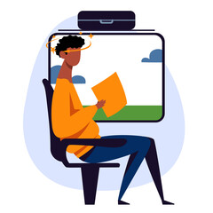 A vector image of a black man in the airplane with motion sickness and dizziness. A color image for a travel poster, flyer or article.