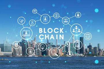 New York City skyline, United Nation headquarters over the East River, Manhattan, Midtown at day time, NYC, USA. Decentralized economy. Blockchain, cryptography and cryptocurrency concept, hologram