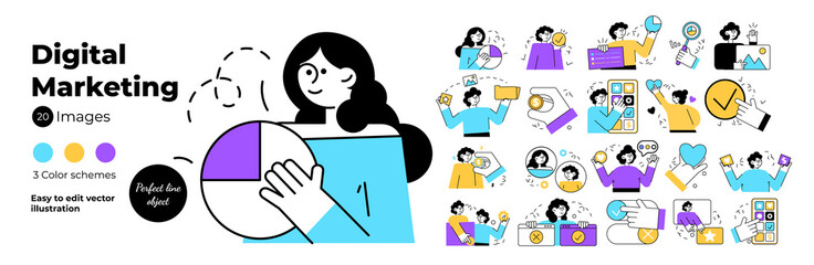 Set of business and finance people illustrations. Flat design line vector illustrations of business, management, payment, online business and data analysis, communication