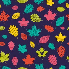 A pattern with autumn leaves drawn by hand