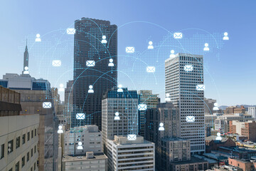 Panoramic cityscape view of San Francisco financial downtown at day time from rooftop, California, United States. Social media hologram. Concept of networking and establishing new people connections