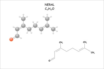 Stylized molecule model/structural formula of neral.