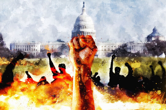 Protest in USA, rally, fight for rights and freedom, revolution art concept. Raised fist against backdrop of Washington Capitol, silhouettes of protesting people and fire watercolor illustration