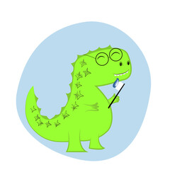 A green dragon brushes his teeth, a children's picture with a green dragon.