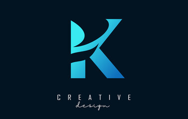 Letter K logo with negative space design and creative wave cuts. Letter with geometric design. Vector Illustration with letter and swoosh.