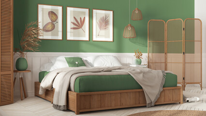 Wooden scandinavian bedroom in white and green tones. Double bed with blankets. Wall panel and parquet floor, carpet.Rattan folding screen and lamps. Interior design