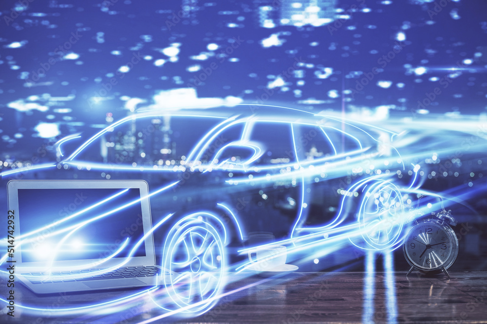 Aufkleber Desktop computer background in office with automobile hologram drawing. Multi exposure. Tech concept.