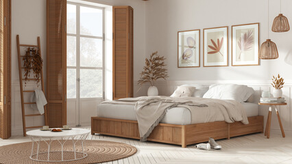 Farmhouse modern country bedroom in white tones. Double bed with blankets. Windows with shutters and parquet floor, carpet and decors. Interior design