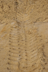 Ślady bieżnika opon odbite na piasku na placu budowy