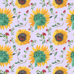 Watercolor seamless pattern with yellow sunflowers and red lingonberries on purple background.Repeating,botanical,autumnal hand painted print.Design for textiles,fabric,wrapping paper,printing.