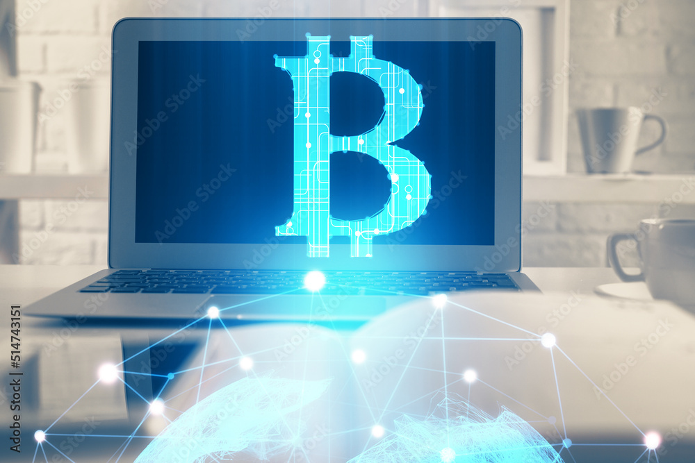Aufkleber Multi exposure of blockchain theme hologram and table with computer background. Concept of bitcoin crypto currency.
