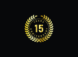 15th anniversary celebration with gold glitter color and white background. Vector design for celebrations, invitation cards and greeting cards.