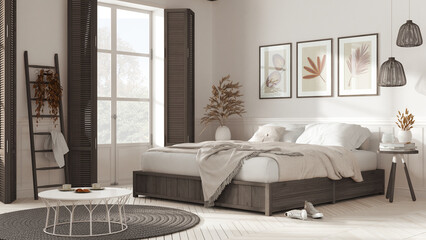 Farmhouse modern country bedroom in white and dark tones. Double bed with blankets. Windows with shutters and parquet floor, carpet and decors. Interior design