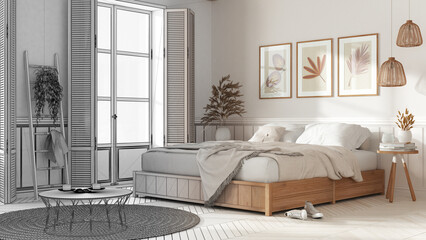 farmhouse modern country bedroom. Double bed with blankets. Windows with shutters and parquet floor, carpet and decors