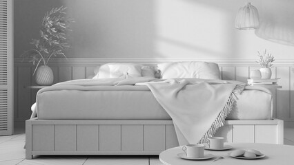 Total white project draft, wooden minimalist bedroom. Mater bed with blanket close up with copy space. Parquet floor, table with tea cups, breakfast with cookies. Interior design