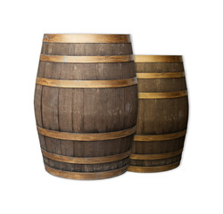 Obraz premium pair of brown oak barrels on a white isolated background, for aging wine and whiskey