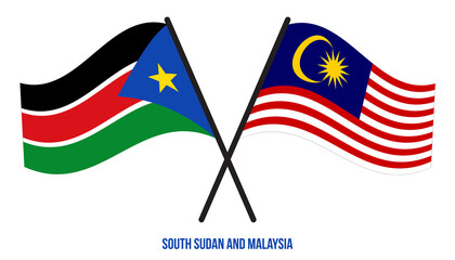 South Sudan and Malaysia Flags Crossed And Waving Flat Style. Official Proportion. Correct Colors.