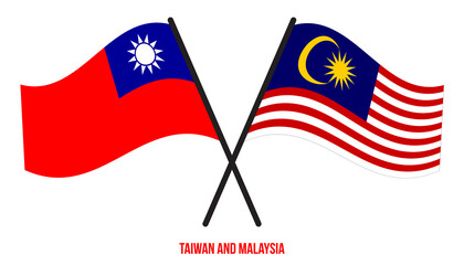 Taiwan and Malaysia Flags Crossed And Waving Flat Style. Official Proportion. Correct Colors.