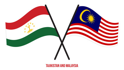 Tajikistan and Malaysia Flags Crossed And Waving Flat Style. Official Proportion. Correct Colors.