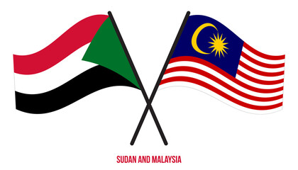 Sudan and Malaysia Flags Crossed And Waving Flat Style. Official Proportion. Correct Colors.