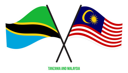 Tanzania and Malaysia Flags Crossed And Waving Flat Style. Official Proportion. Correct Colors.