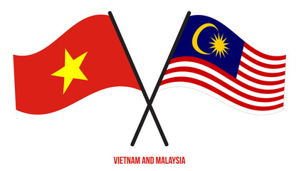 Vietnam and Malaysia Flags Crossed And Waving Flat Style. Official Proportion. Correct Colors.