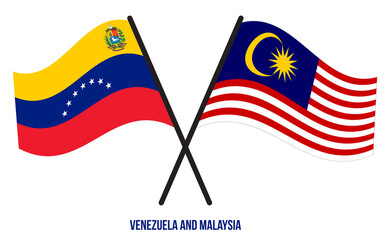 Venezuela and Malaysia Flags Crossed And Waving Flat Style. Official Proportion. Correct Colors.