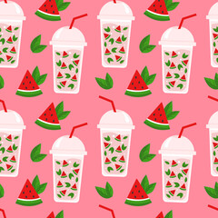 Summer drink with watermelon and mint. Summer refreshing cocktail. Seamless pattern. Can be used for web page background fill, surface texture