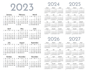 Set of monochrome monthly calendar templates for 2023, 2024, 2025, 2026, 2027 years. Week starts on Sunday. Page layout calendar in a minimalist style. Vertical table grid. Agenda organizer - obrazy, fototapety, plakaty