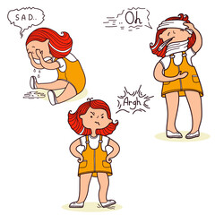 set of young girl negative emotions vector hand drawn illustartion. Angry girl, sick girl and crying girl illustration isolated on white.