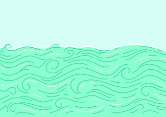 Vector sea waves and sun outline graphic poster illustration. Abstract Sea ocean big blue waves background for text