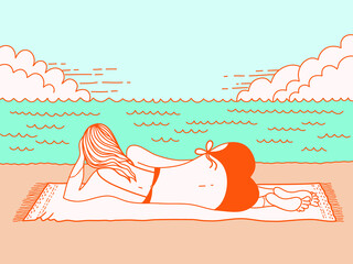 Young woman lies on the beach in summer sun day. Vector colors hand drawn flat style illustration background  - 514743946