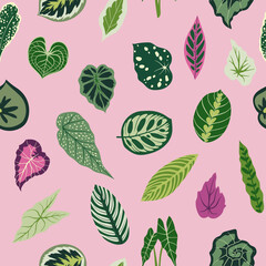 Seamless pattern with leaves on pink background. Hand drawn vector illustration. Texture for print, textile, fabric.