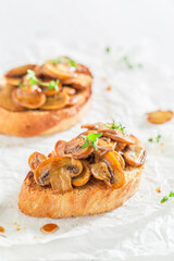 Crisp and hot bruschetta with mushrooms as snack.