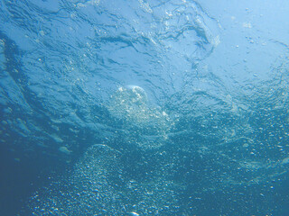 Air bubble in the underwater of the blue ocean, Scuba diving breathing 