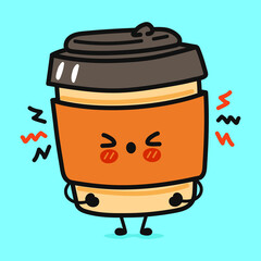 Cute angry coffee character. Vector hand drawn cartoon kawaii character illustration icon. Isolated on blue background. Sad coffee character concept