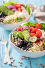 Fresh Greek salad with cheese, olives, cucumber and tomatoes.