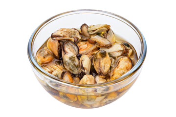 Pickled mussels isolated in a glass transparent bowl on a white background. Full depth of field. The file contains a clipping path.