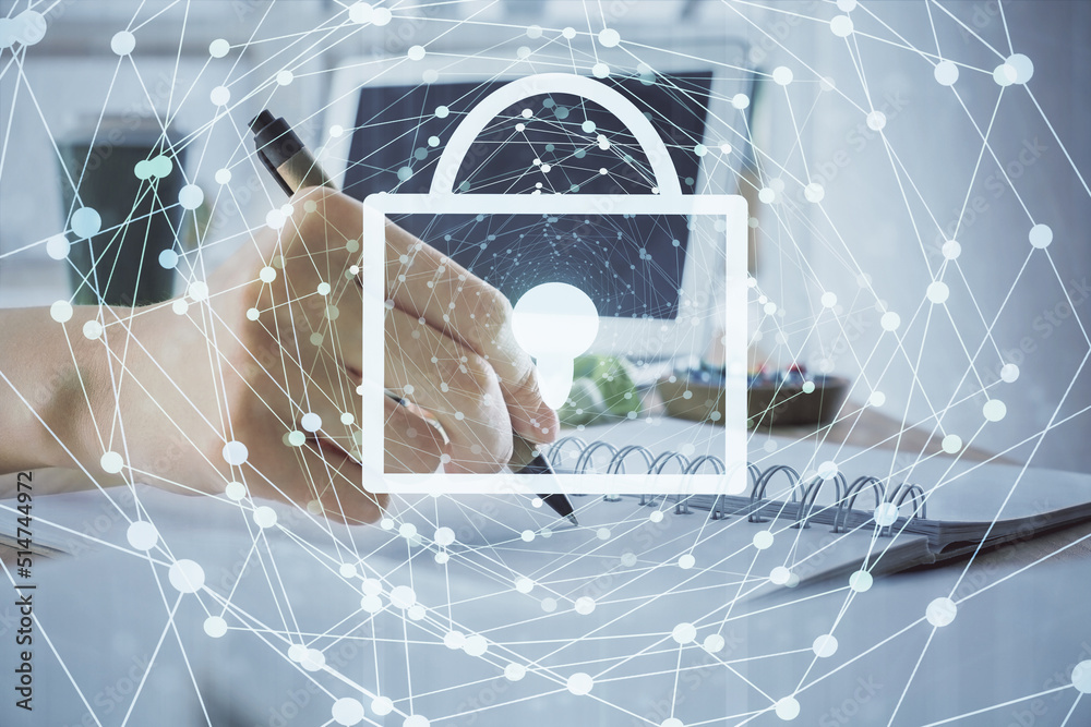 Poster double exposure of woman's hands writing with lock icon. concept of security and protection of data